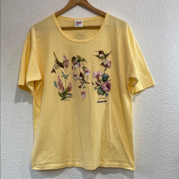 Anvil Tops - VTG Anvil Air Waves Yellow Bird Flower Graphic Print Cotton Coastal T-Shirt L